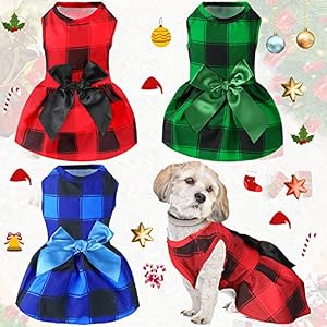 3 Pieces Christmas Dog Buffalo Plaid Dress with Bowknot Plaid Puppy Princess Dress Check Pattern Dog Skirt Holiday Pet Dresses Puppy Costume Apparel Clothes for Small Dogs