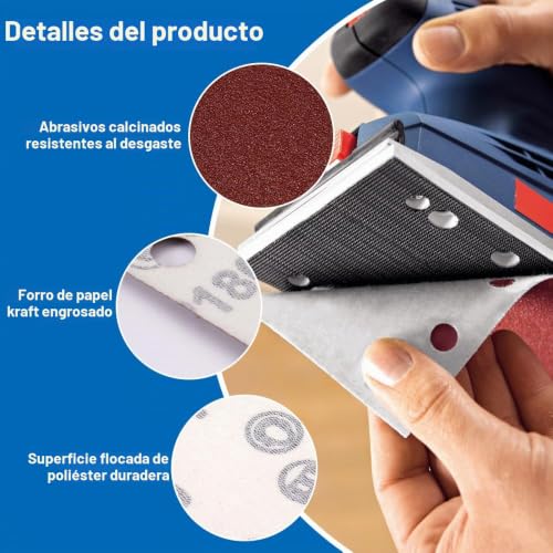Miniatura 4 de 40 Piezas Hojas De Lija Rectangulares, 93x185 Mm Papel De Lija Para Lijadora Orbital, Granos Surtidos 60 80 120 180 320 600 800 1000, Almohadillas De Lijado Con Gancho Y Bucle De 8 Orificios
