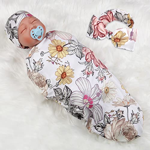 Newborn Receiving Blankets, Soft Baby Swaddle and Headband Hat Set, Stretchy New Born Swaddling Blanket Infant Shower Gift for Girl Boy, Daisy Print