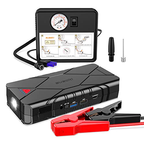 SUAOKI 1200A Peak Car Jump Starter Battery Pack 16000mAh Air Compressor (7.5L Gas or 6.0L Diesel) with Type-C In/Out, Quick Charge 3.0 Ports, LED light for Vehicles SUV Trucks (U18 Plus), UL Certified