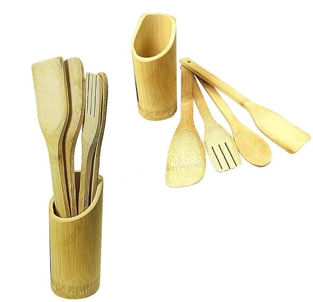 Bamboo Utensils Wooden Cooking Spoons Kitchen Utensils Cookware Spatulas Ergonomic Wooden Spatula and Holder Perfect for Nonstick Pots and Pans Cook Ware Turner Set of 5 (Wood)