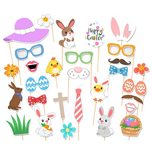OULII Easter Photo Booth Props Birthday Photo Booth Props Egg Rabbit Basket Photographing Dress-up Acessories, Pack of 29