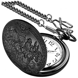 Tiong Vintage Pocket Watch Engraved Cowboy Skull Wolf 3D Pattern Arabic Numerals Quartz Pocket Watch with Chain Best Gifts
