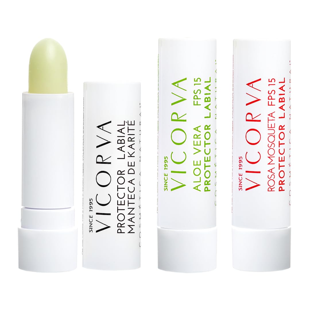 Vicorva | Protector Labial en Barra (Pack 3 uds) | Manteca de Karité, Aloe Vera y Rosa Mosqueta | Balsamo Reparador Facial | 99.99% Ingredientes Origen Natural | Fabricado en España | 12 gr
