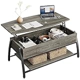 Bestier ローテーブル 昇降式 センターテーブル 幅106 リフティングテーブル 収納棚付き 隠す収納 おしゃれ 幅106×奥行50×高さ45.7-60cm リビングテーブル 収納テーブル 在宅勤務 食事 (木製シェルフ収納・ダークグ