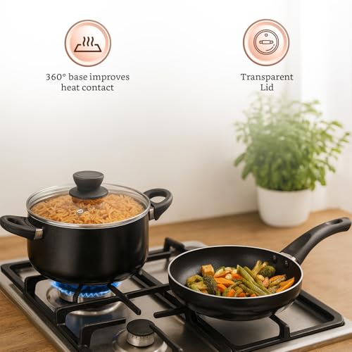 Image of Amazon Brand - Solimo Non-Stick 5-Piece Cookware Set | Induction & Gas Compatible | Aluminium Construction | Includes Saucepans, Frypans & Casserole with Glass Lids
