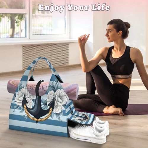 Yoga Tote Bag for Women Anchor Flower Beach Bag with Shoe Storage & Yoga Mat Strap Waterproof Weekender Duffle Bag for Travel Fitness Weekend Trips2