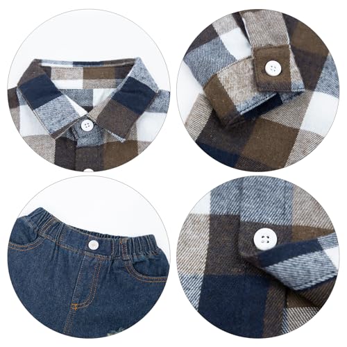 Image of Toddler Baby Boy Clothes Infant Denim Outfits Flannel Plaid Button Shirt Pockets Ripped Jeans Pants 2 PCS Clothing