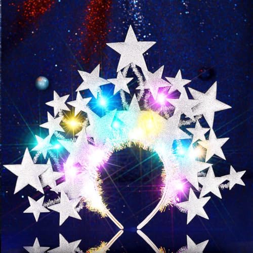 Fashband Light Up Star Headband Glitter Stars Tiara Halo Crown Headbands Led Goddess Costume Headpiece Christmas Carnival Party Hair Accessories for Women and Girls (Silver)
