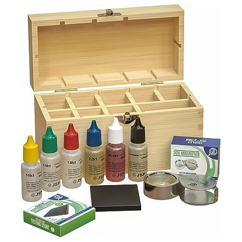 Professional Gold, Silver, Platinum Jewelry Testing Kit with Stone Instructions and Box with 30X Eye Loupe Magnifier Precious Metals 10K 14K 18K 24K 999 925 Scrap Cover