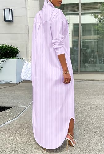 Image of Choichic Button Down Shirts for Women Cotton Casual Collared Striped Shirt Long Sleeve Maxi Dress