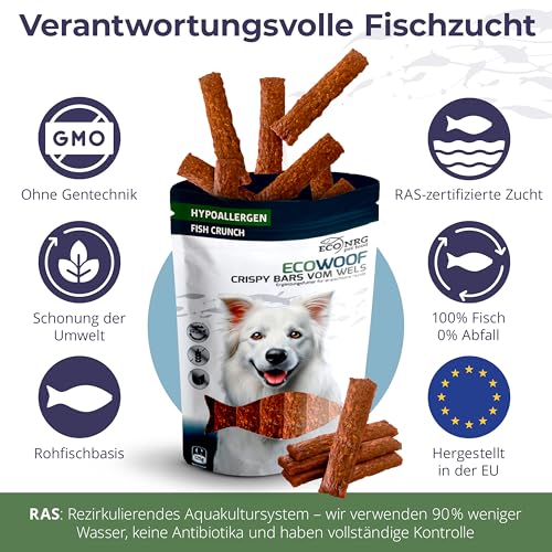 ECO WOOF Fisch Hundesnack Mix - Kaustreifen vom Wels Probierpaket - 375 g - 3 Sorten - Wels Pur | Kürbiskern | Bierhefe - Getreidefreie Fisch-Hundeleckerli - Unterstützt Zahnpflege & Verdauung