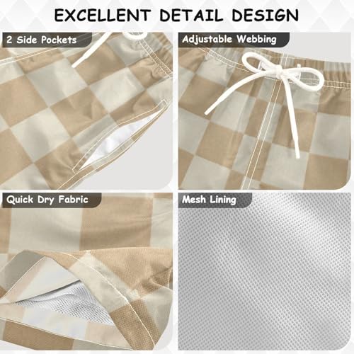 Checkered Beige Little Boys Swim Trunks with Mesh Lining Quick Dry Beach Board Shorts3