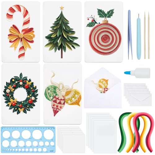 Image of WEBEEDY 20 Sets Christmas Paper Quilling Kit Handmade Christmas Greeting Card with Envelopes 3D Christmas Trees Wreaths Ball Stars Card Making Kit with Instuction for Adult, Gift for Christmas