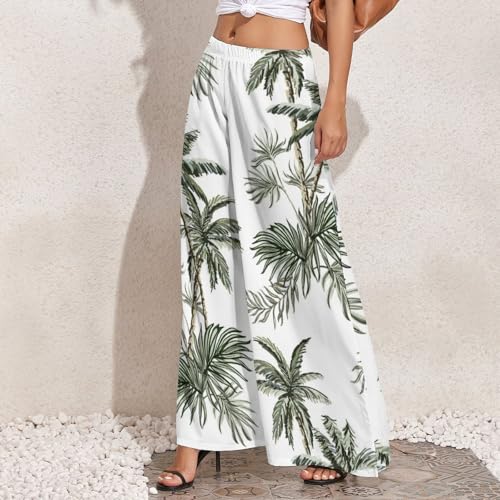 Womens Elastic High Waisted Tropical Vintage Palm Trees Palazzo Pants Casual Wide Leg Lounge Pant for Women3