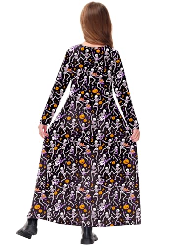 Image of Girls Sugar Skull Maxi Dress Long Sleeve Skeleton Halloween Funny Floor Length Dresses 7-8 Years