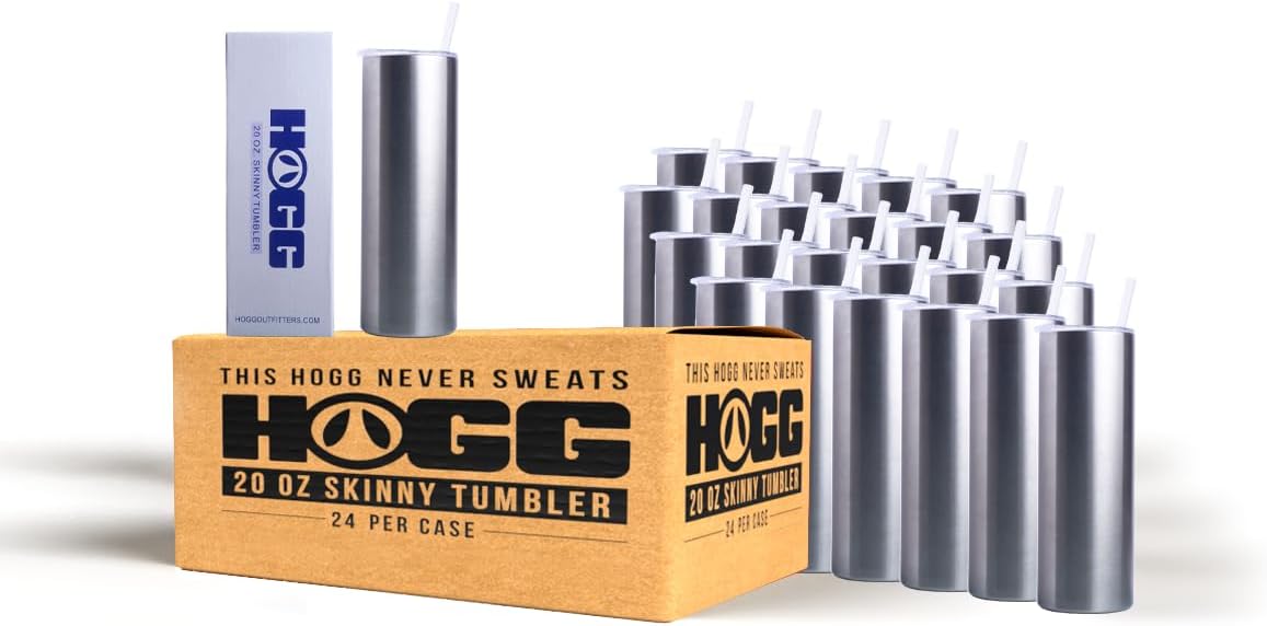 Hogg 20 oz Skinny Tumbler Case (24 Units), Stainless Steel Tumbler Blanks, 20 oz Tumbler Pack with Lids and Straws, Stainless Steel Tumblers Bulk, 20oz Tumblers, Blank Tumblers for Vinyl and DIY