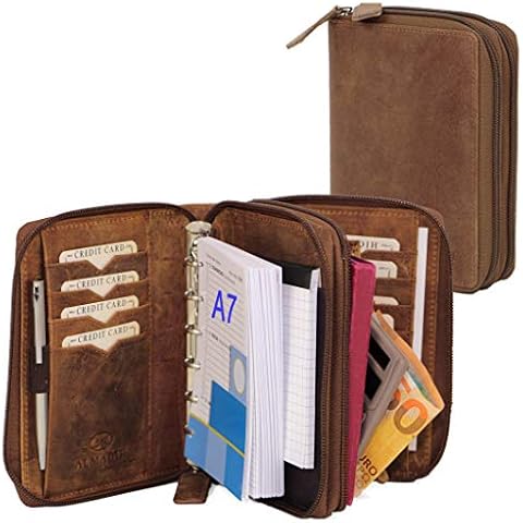 ALMADIH Leather A7 Organizer with 2 compartments, Double Zipper, Calendar 2022 + Writing Pad, Premium Cow Leather Brown Vintage - Personal Planner Conference Folder System Ring Binder Portfolio Cover