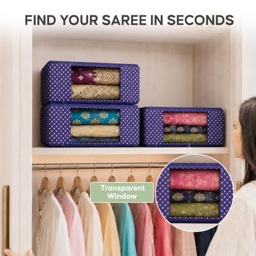 Image of DALUCI Cotton Quilted Saree Covers Set of 3 | Saree Cover Bags for Storage with Transparent Window & Zip | Wardrobe Organizer for Clothes, Sarees, Lehengas, Dresses Foldable Closet Storage Bags - Blue