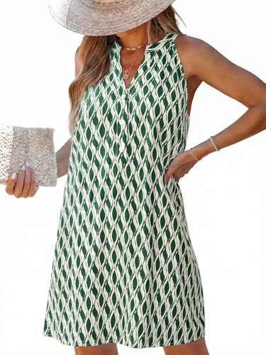CUPSHE Womens Summer Tunic Mini Dress Buttons V Neck Shirt Dress Geometric Printed Cruise Beach Short Sundress Green Wave, S