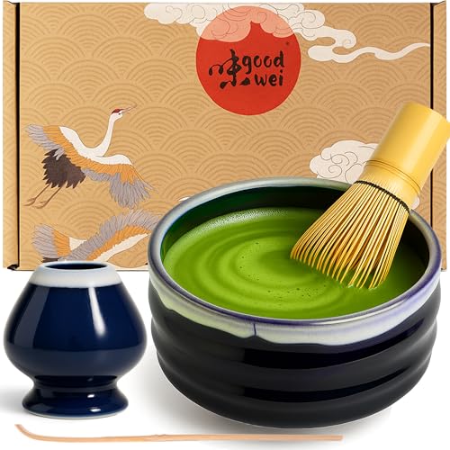 Goodwei Matcha Set komplett mit Matchabesen, Matcha Löffel und Matcha Schale aus Keramik mit Besenhalter im passenden Design | Kunstvoll gefertigte Zeremonieschale Chawan (Kori, 80)