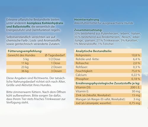Dehner Best Nature Hundefutter, Nassfutter getreidefrei, für ausgewachsene Hunde, Rind / Pute / Karotten, 6 x 800 g Dose (4.8 kg)