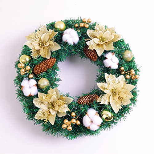 Corona de Navidad, 40 cm, coronas de Navidad con luces funciona con pilas, flores, piñas, bayas y decoración de bola de Navidad para puerta delantera, decoración de Navidad (amarillo) Cover