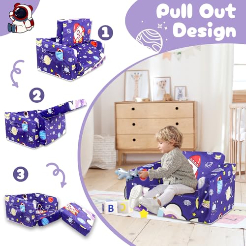 GFU Kids Sofa, 2-in-1 Toddler Chair for Boys, Soft Kids Couch Convertible, Blue Children\'s Mini Sofa Lounge Chair Fold Out, Perfect for Playroom and Bedroom, Rockets