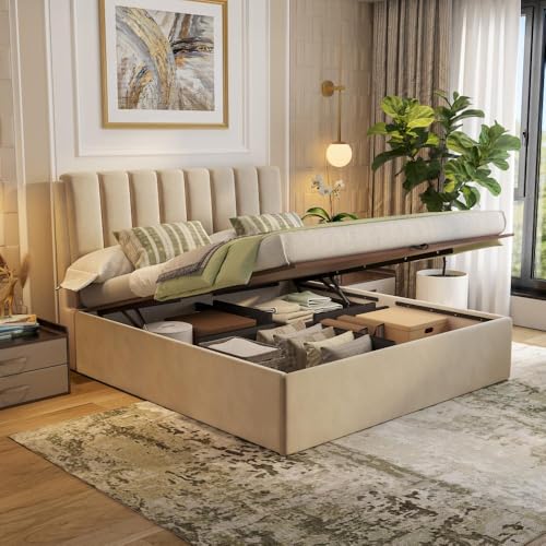 Image of Wakefit Bed | King (78 X 72) Solid Wood Bed, Upholstered, Hydraulic Storage, 3 Year Warranty - Antho - Velvet Tuscan Tan