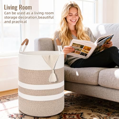 Image of Large Laundry Basket, Laundry Hamper with Leather Handles, 90L Woven Dirty Clothes Hamper, Rope Hampers for Bedroom, Barthroom, Brown