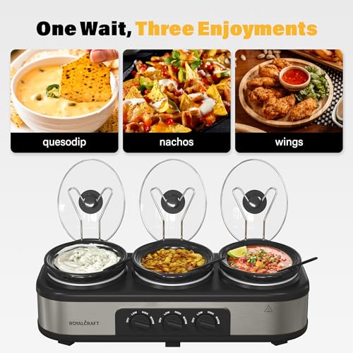 Sunvivi Slow Cooker with 10 Cooking Liners, Triple Slow Cooker Buffet Server 3 Pot Food Warmer for Parties with 3 Spoons & Lid Rests,Adjustable Temp, Total 4.5 QT Silver - Image 7