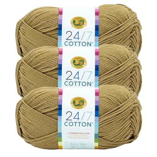 Image of Lion Brand Yarn, 24 /7 Cotton Yarn, Hay Bale, Brown, 3 Pack | Light Worsted 100% Mercerized Cotton Yarn for Crochet, Knitting, Craft, 185 Yards of Natural Fiber for Tees, Bags, Dishcloths