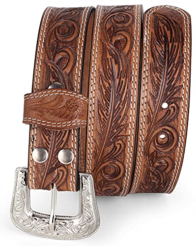 F&L Classic Mens Western Full Grain Leather Belt Engraved Tooled Strap W/Snaps For Interchangeable Buckles,1.5" Wide, Usa,7-941-06, Size 40 #TOP1