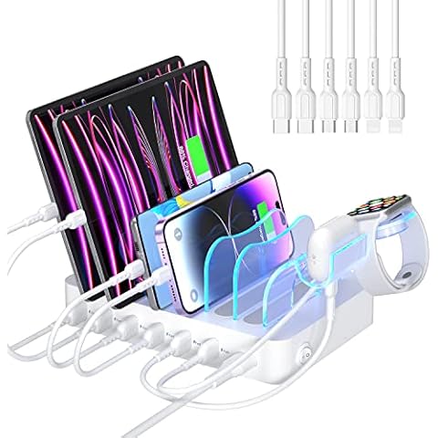 SooPii Premium 6-Port USB Charging Station Organizer for Multiple Devices, 6 Short Charging Cables and One Upgraded i-Watch Charger Holder Included, for Phones, Tablets, and Other Electronics, White Cover