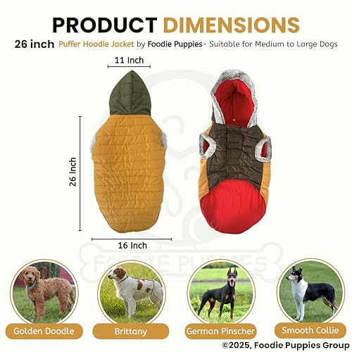 Image of Foodie Puppies Dog Puffer Hoodie Warm Winter Jacket - (Yellow Olive, 26 Inch) for Medium to Large Dogs | Ultra Warm Waterproof & Windproof Fur Coat | Washable Pet Vest Apparel for Cold Weather