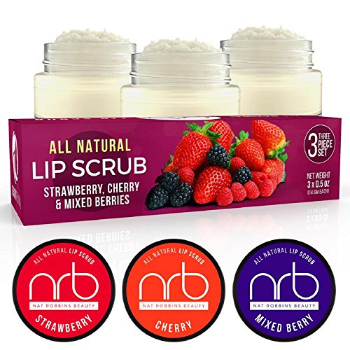 NRB Beauty Revival Lip Scrub 3 Piece Set - All Natural Sugar Based - Exfoliating & Moisturizes Chapped Dry Lips - 0.5 oz Each - Made In The USA - Mixed Berries