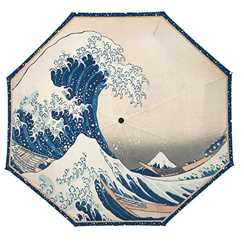 Raincaper Windproof Auto Open/Close 43" Coverage Folding Travel Umbrella Fine Art Hokusai The Great Wave Reinforced Rib Travel Umbrella With Matching Sleeve #TOP1