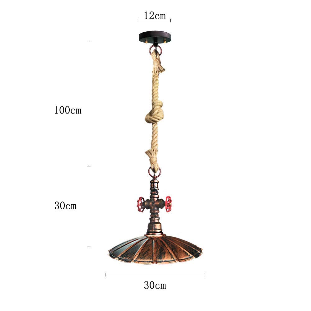 Lampadario a Sospensione retrò con Tubo dell'Acqua E27, Paralume in Metallo, lampadario a Sospensione a Goccia, lampadario a Testa Singola in Corda di Canapa, Decorazione per Bar, caffetteria, RI