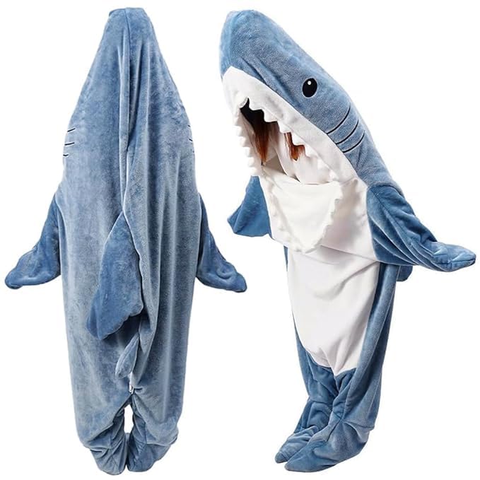Shark Adult Onesie Pajama, Blue Flannel Plush, Halloween Costume, Wearable Blanket for Height 168-180cm, XL Size