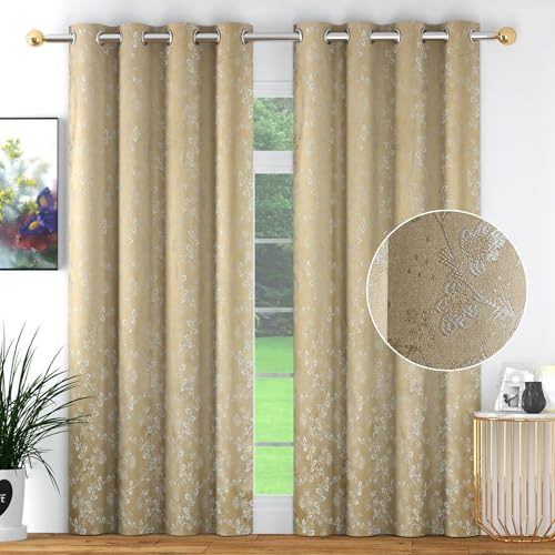 Image of FRESH FROM LOOM Light Blocking 80% Room Darkening Curtain 9 Feet Long Door | Elegant Floral Look | Anti-Fade | Heavy Jari Jacquard Premium Luxury Stitching Parda (9ft, Beige, 2pc)