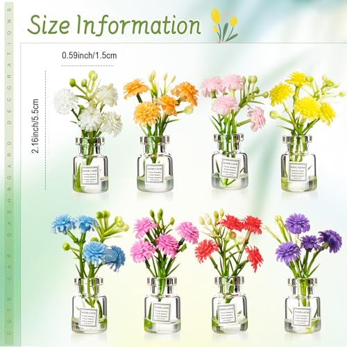 Ripeng Set of 8 Car Dashboard Decorations Flowers Cute Car Accessories for Women Mini Flowers Bouquet Vehicle Interior Decor with Double Sided Tape for Rear View Mirror Dashboard - Thumbnail 3