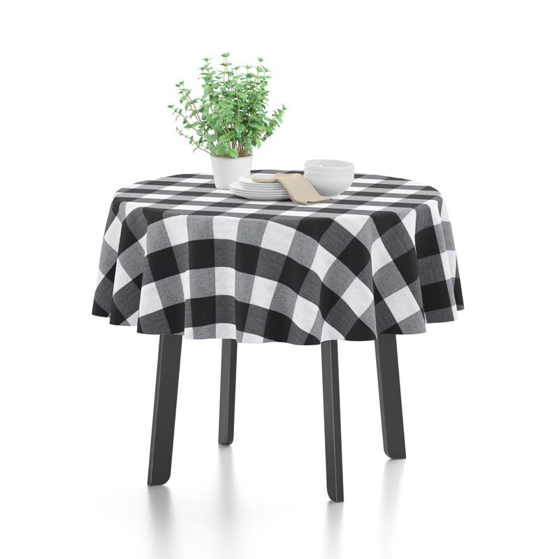 Encasa Homes Tablecloth for 4.6 ft Centre Dining Table - Buffalo Black Checks, (140 cm-Round) - Yarn Dyed Fabric, Mercerised, Washable, Rectangular for Home Hotel & Restaurant