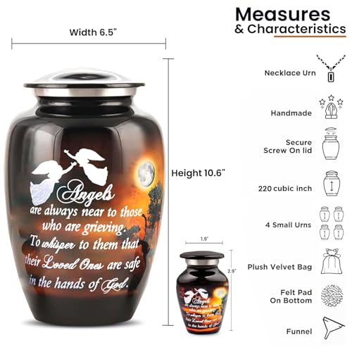 Image of Set of 6 Funeral & Cremation Urn for Ashes for Women & Men with 1 Large Urn for Ashes Adult Male & Female, 4 Small Urns & 1 Cross Necklace for Ash of Loved One - Moonlight with Angel Quote