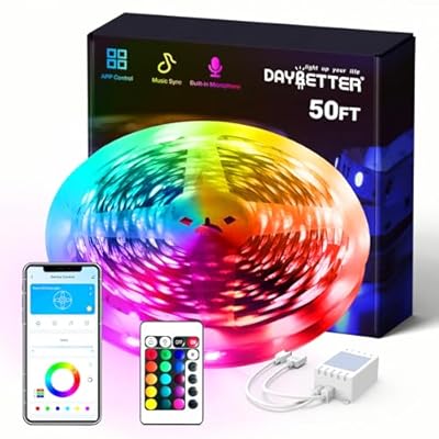 DAYBETTER Smart RGB Led Strip Lights, 50ft Led Lights for Bedroom with App Control, Multicolor Changing Led Light Strips Apply for Home Decor, Living Room, Kitchen, Home Party Decoration, 12V