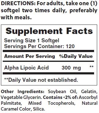 Vitamin World Alpha Lipoic Acid 300 mg. 120 softgels, Triple Strength, Antioxidant, Rapid-Release, Gluten Free