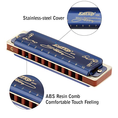 East Top Harmonica, Diatonic Blues Harmonica Key Of C, Blues Harp Mouth Organ Harmonica 10 Holes 20 Tones 008K With Blue Case, Standard Harmonica For Adults, Professionals, Beginners And Students #TOP1