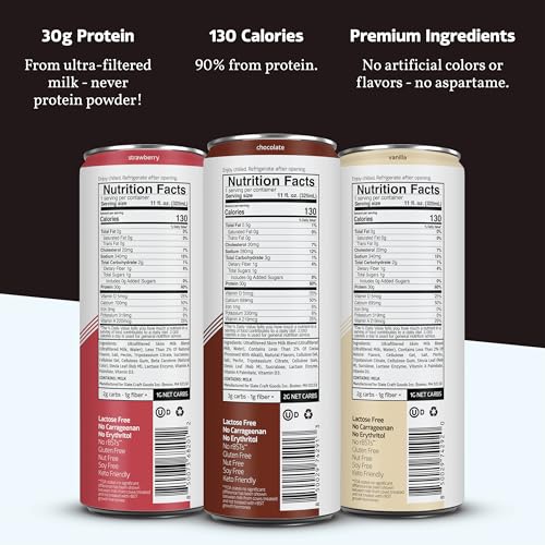 Image of Slate Milk Ultra High Protein Milk Shake (Neapolitan Pack) Chocolate, Vanilla, & Strawberry - 30g Protein, 1g Sugar, 130 Calories, 1-2g Net Carbs - No Added Sugar - Lactose Free - 11 fl oz, 12 Cans