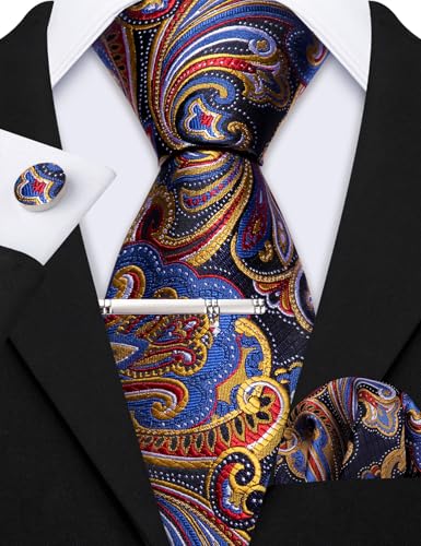Image of Barry.Wang 6 PCS Men Ties Set Silk Business Fashion Woven Necktie Handkerchief Cufflinks Paisley Stripe Wedding Party