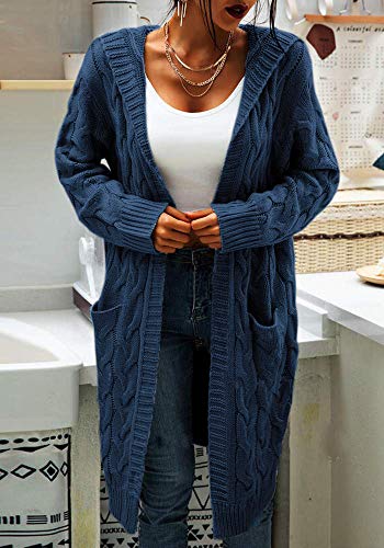 Image of Women Hooded Open Front Cardigan Cable Knit Chunky Long Sweater Coats | solid color, cable knit ,long duster cardigan,chunky coatigan,winter ,falll ,side pockets