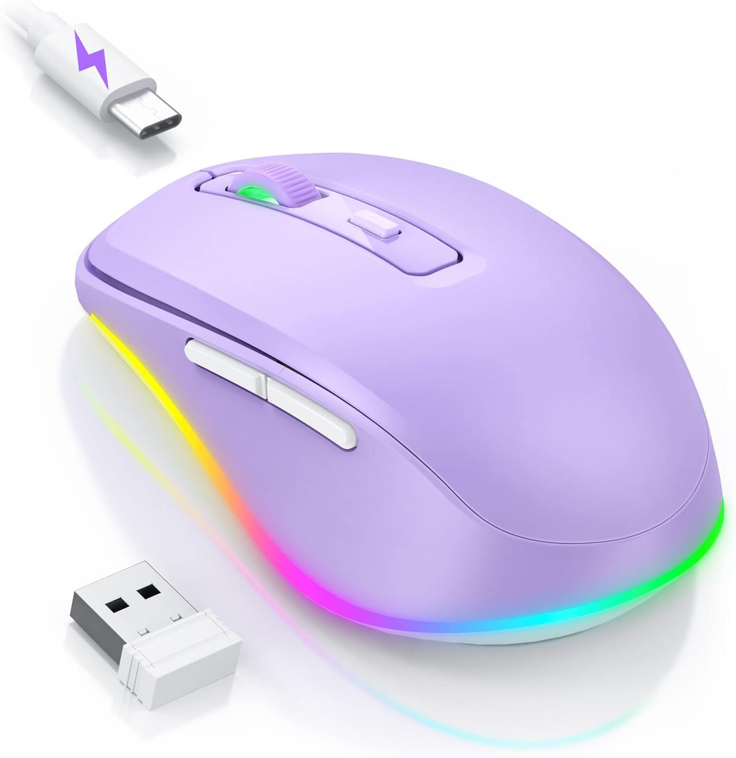Seenda Wireless Mouse, Rechargeable Light Up LED Mouse for Laptop, 2.4G USB Silent Mice with Built in Jiggler Mover, Undetectable Simulate Mouse Movement to Keep Computer Awake, Purple